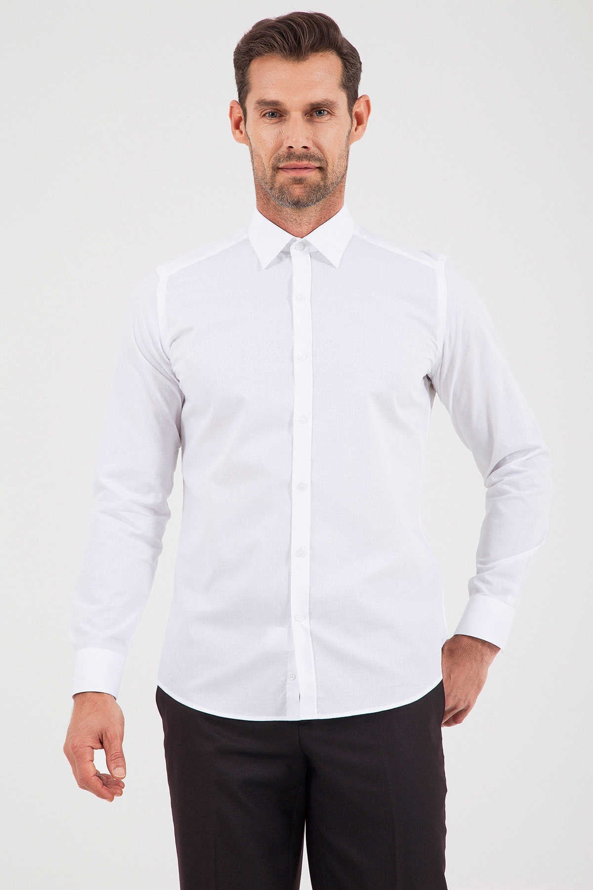 Slim Fit Straight Point Collar Cotton White Dress Shirt