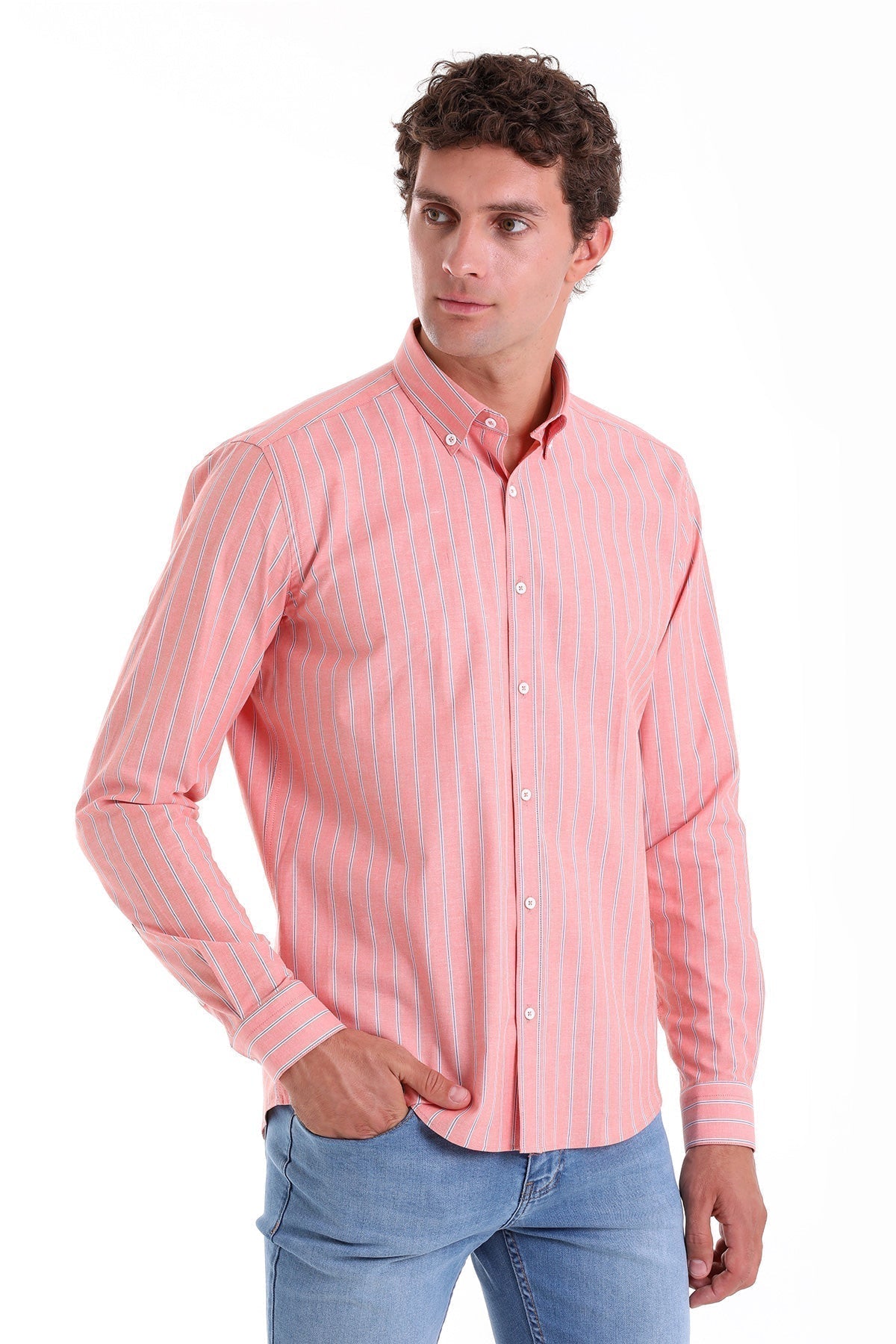 Slim Fit Striped Cotton Blend Orange Casual Shirt - MIB