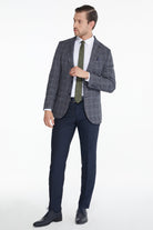 Slim Fit Tonal Plaid Notch Lapel Navy Casual Suit - MIB