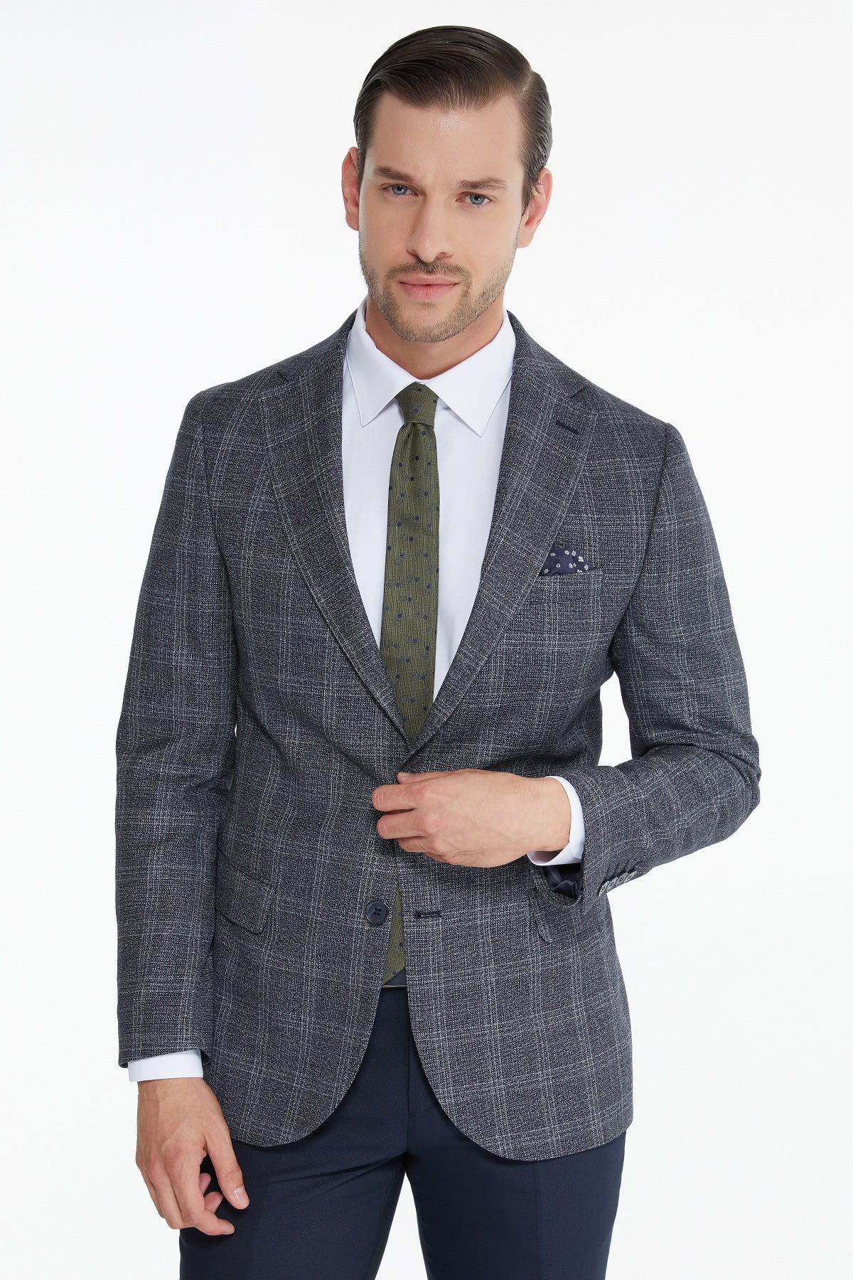 Slim Fit Tonal Plaid Notch Lapel Navy Casual Suit - MIB