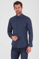 Slim Fit Wave Printed Cotton Blend Navy Casual Shirt - MIB