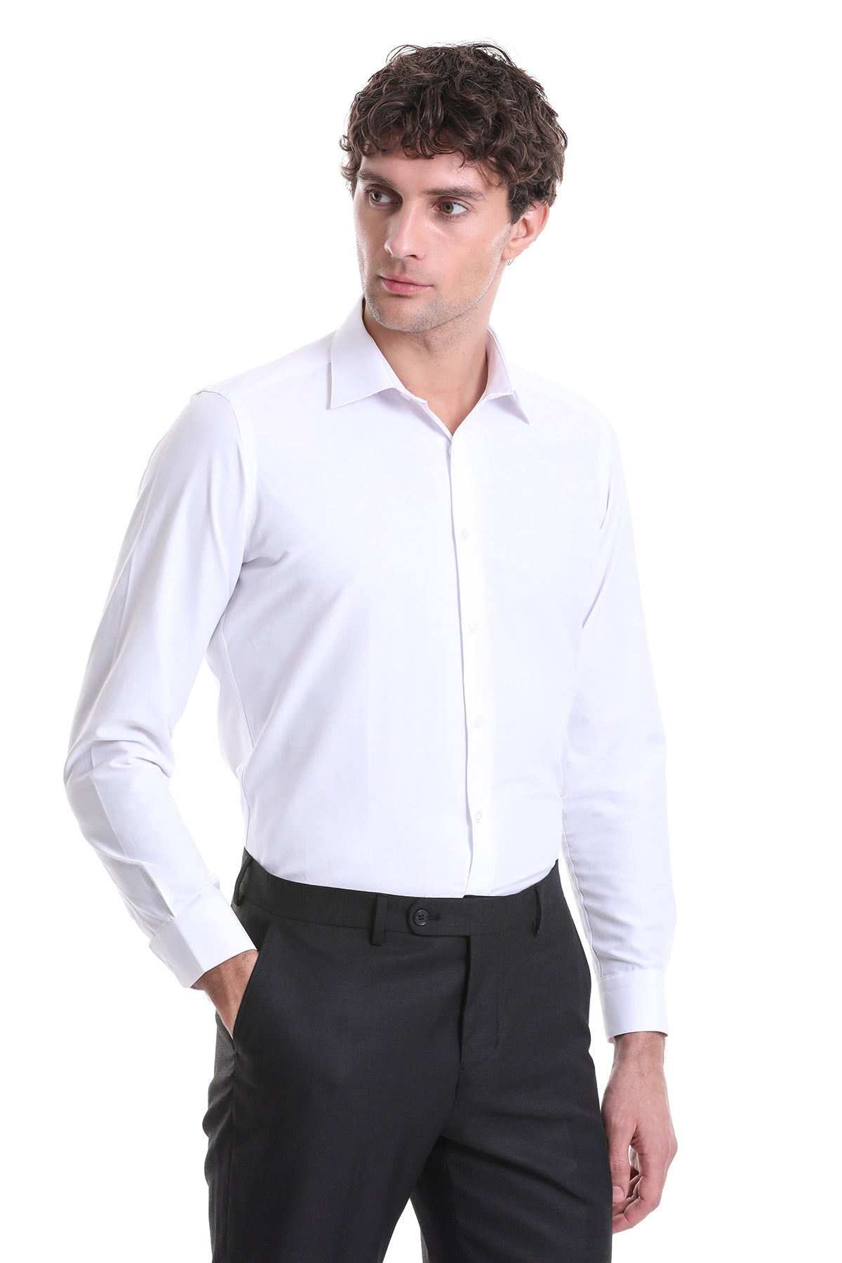 Slim Fit White Cotton Blend Dress Shirt - MIB