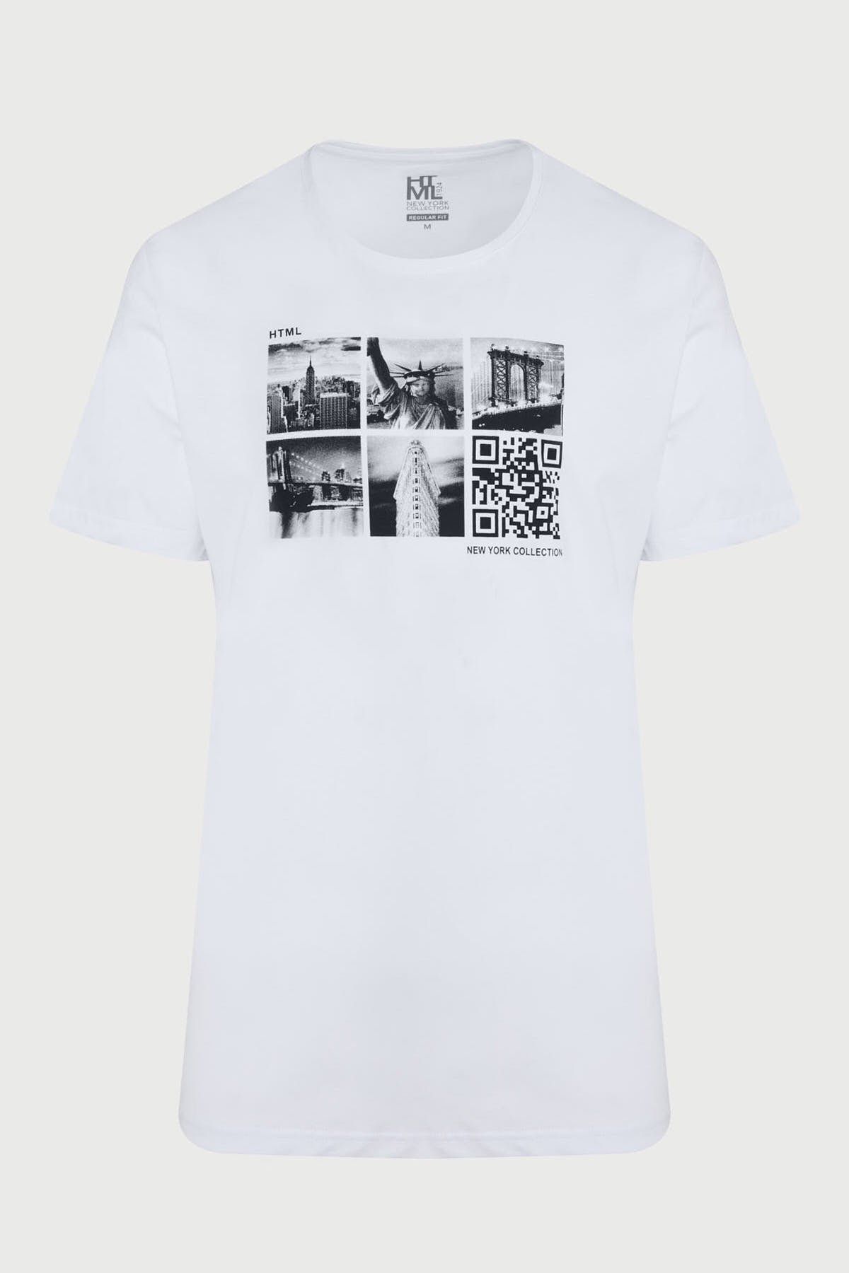 Slim Fit White New York Printed Cotton Crew Neck T-Shirt