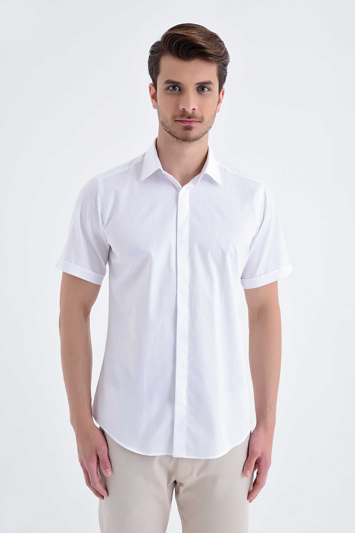 Slim Fit White Short Sleeve Cotton Dress Shirt - MIB