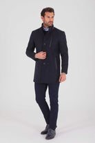 Slim Fit Wool Blend Funnel Stand Collar Navy Overcoat - MIB