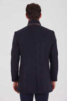 Slim Fit Wool Blend Funnel Stand Collar Navy Overcoat - MIB