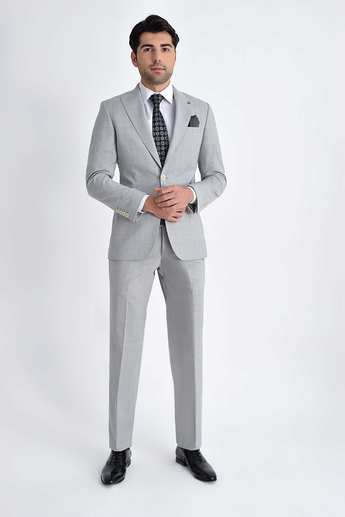 Slim Fit Wool Blend Peak Lapel Plaid Gray Classic Suit - MIB