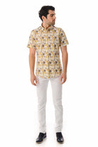 Slim Fit Yellow Short Sleeve Printed Cotton Casual Shirt