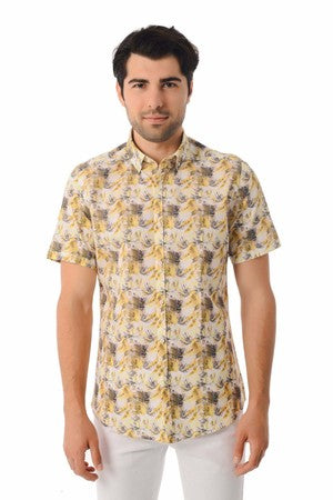 Slim Fit Yellow Short Sleeve Printed Cotton Casual Shirt