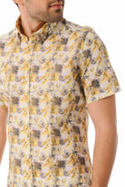 Slim Fit Yellow Short Sleeve Printed Cotton Casual Shirt