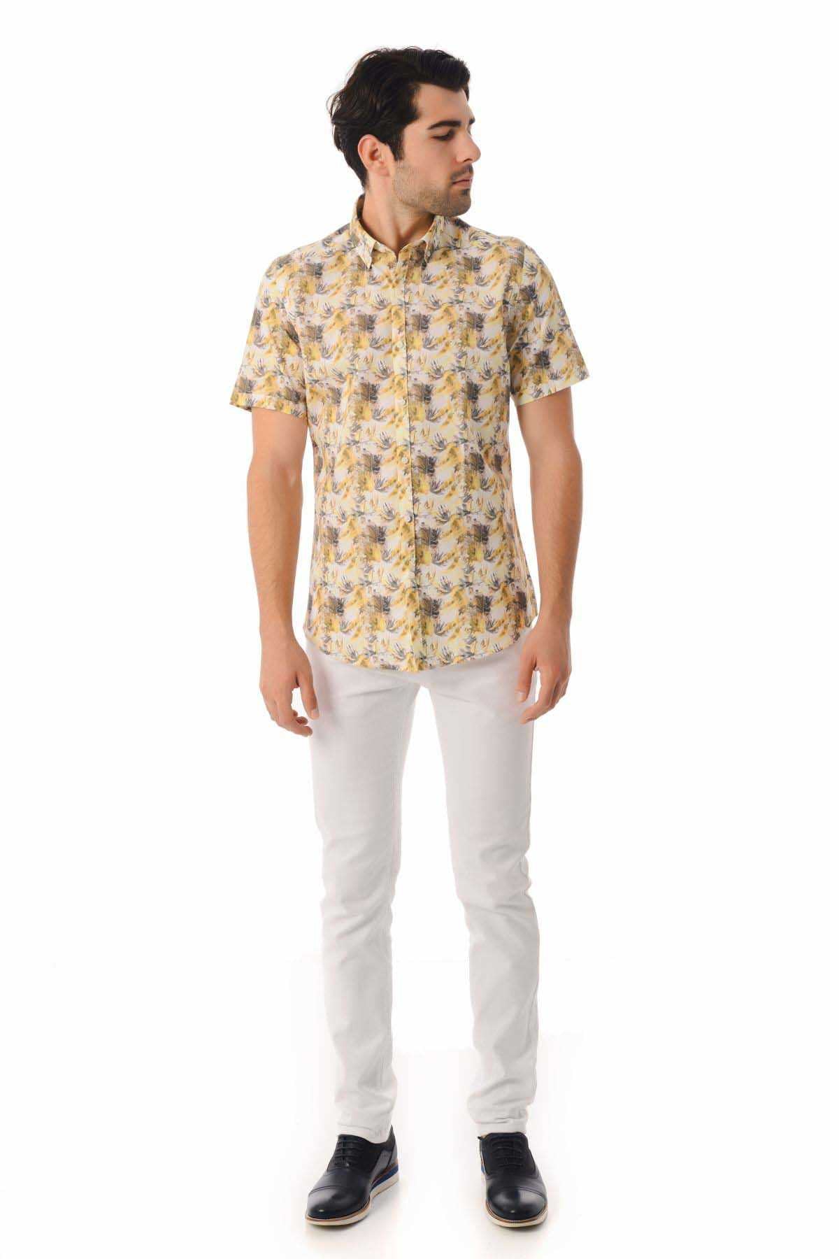 Slim Fit Yellow Short Sleeve Printed Cotton Casual Shirt