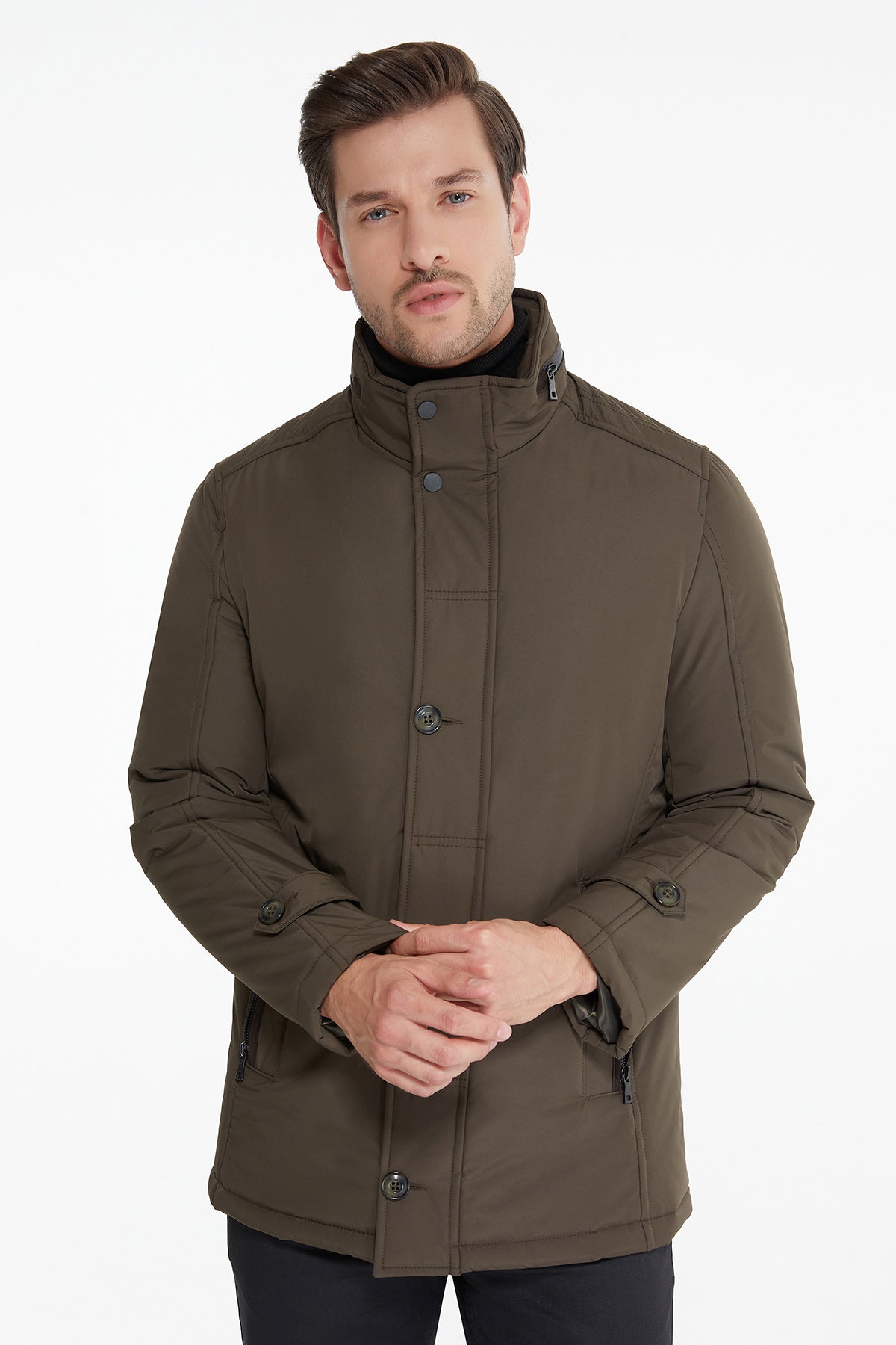 Slim Fit Zipper with Button Placket Khaki Coat - SAYKI