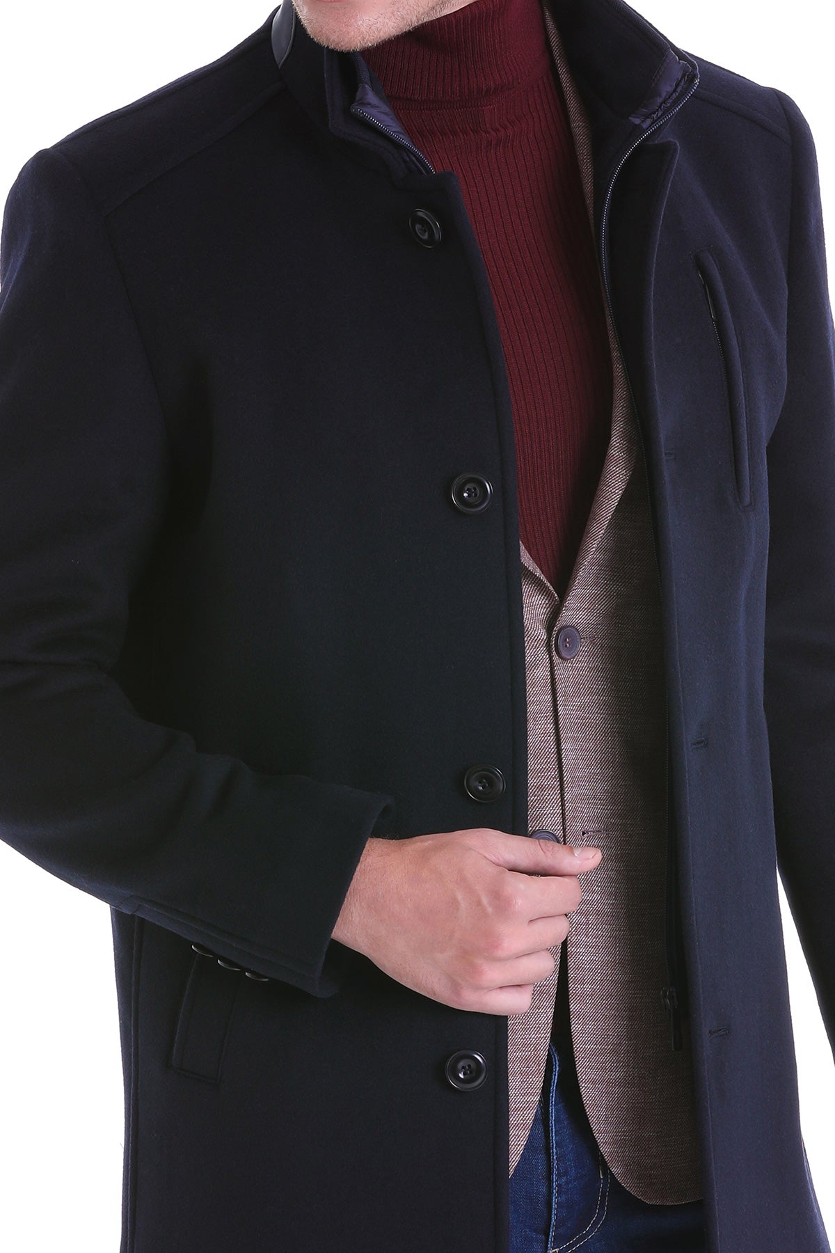 Slim Fit Zipper with Button Placket Navy Wool Blend