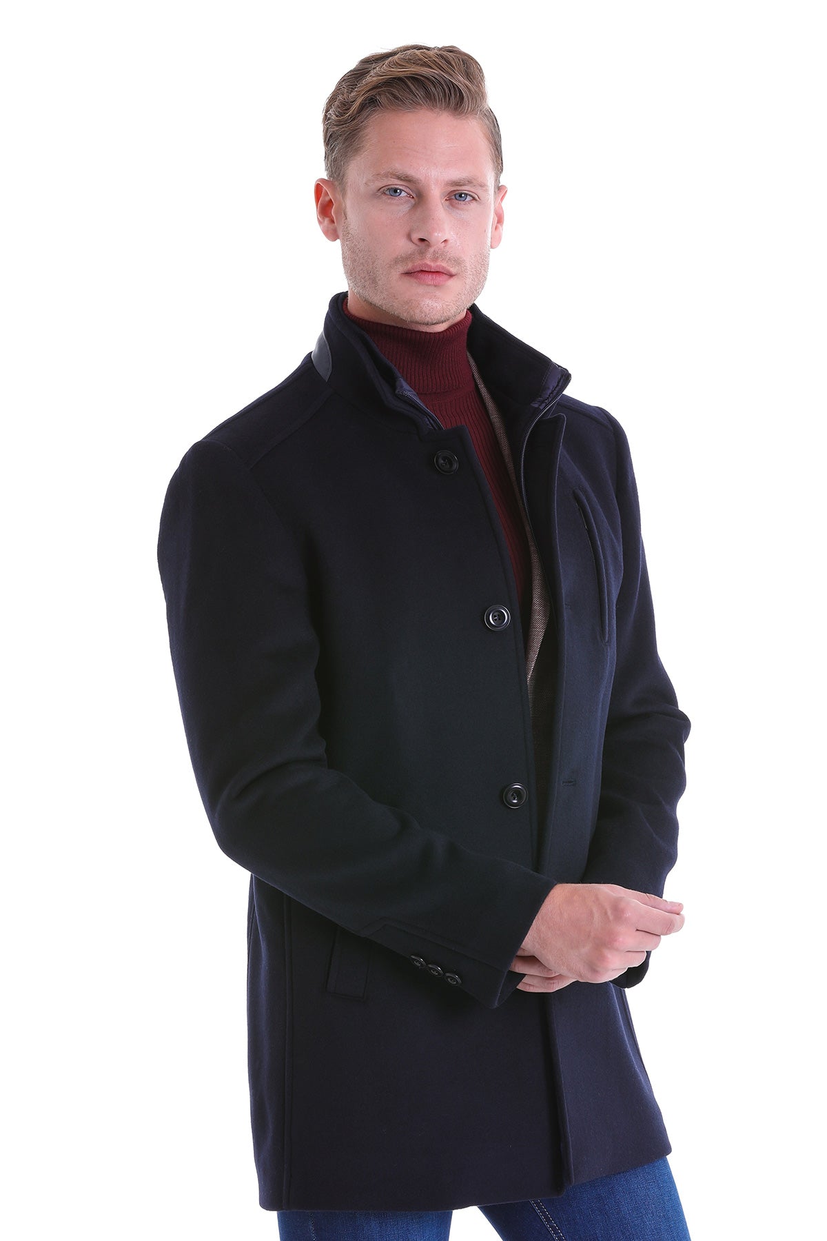 Slim Fit Zipper with Button Placket Navy Wool Blend