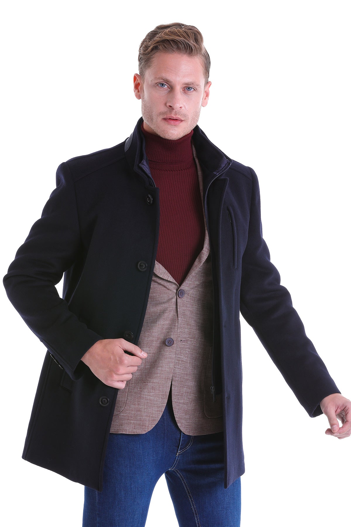 Slim Fit Zipper with Button Placket Navy Wool Blend